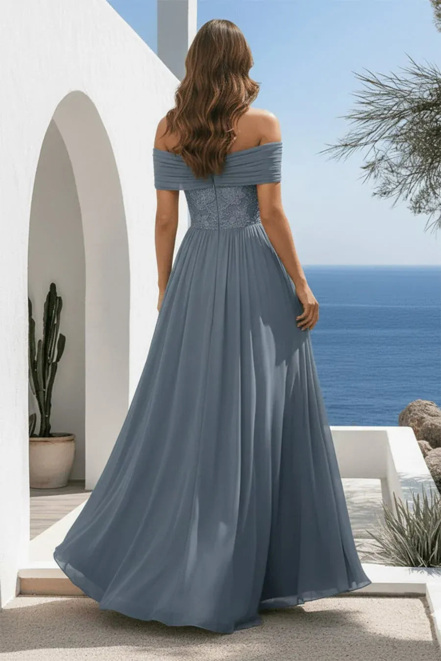 Elegant A Line Off Shoulder Chiffon Maxi Lace Evening Dress