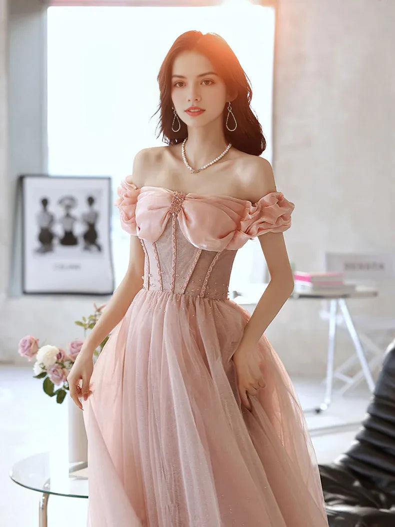 Elegante Vestido de Fiesta Largo de Noche con Corsé en Satén y Tul, Corte en A, Hombros Descubiertos