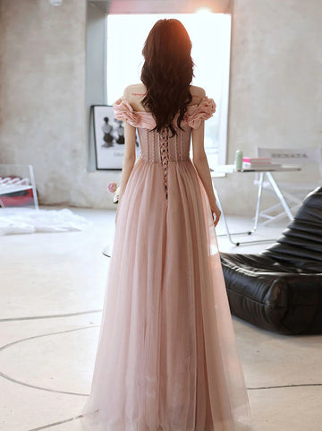 Elegant A Line Off Shoulder Satin Tulle Long Corset Evening Prom Dress