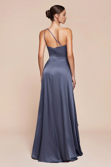 Elegant A-Line One-Shoulder Sleeveless Satin Maxi Ruched Bridesmaids Dress Evening Gown With Slit
