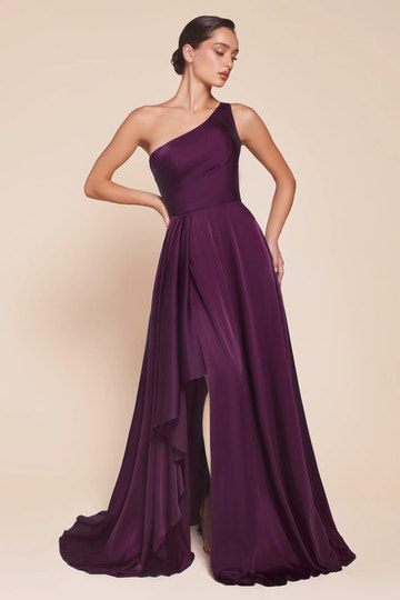Elegant A-Line One-Shoulder Sleeveless Satin Maxi Ruched Bridesmaids Dress Evening Gown With Slit