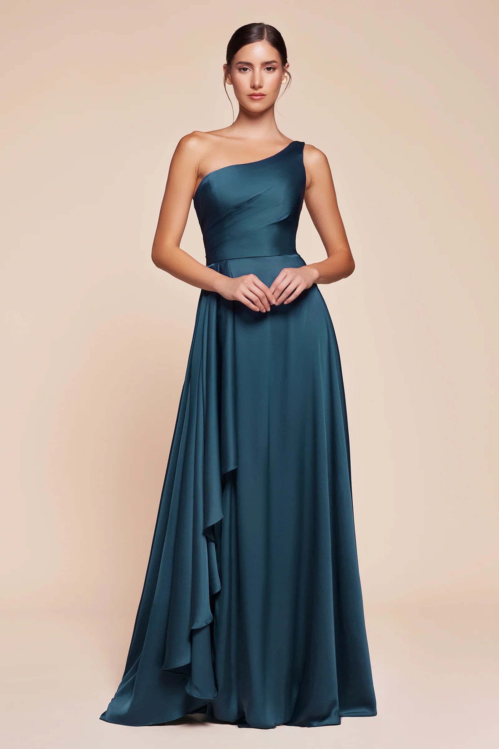 Elegant A-Line One-Shoulder Sleeveless Satin Maxi Ruched Bridesmaids Dress Evening Gown With Slit