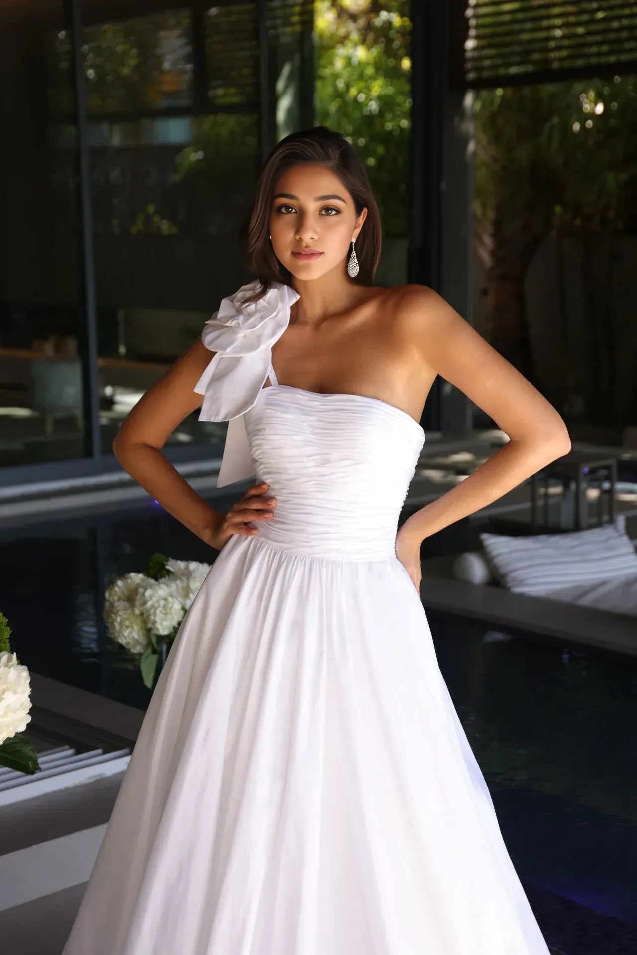 Elegant A Line One Shoulder Sleeveless Taffeta Maxi Evening Gown Ruched Floral Prom Dress