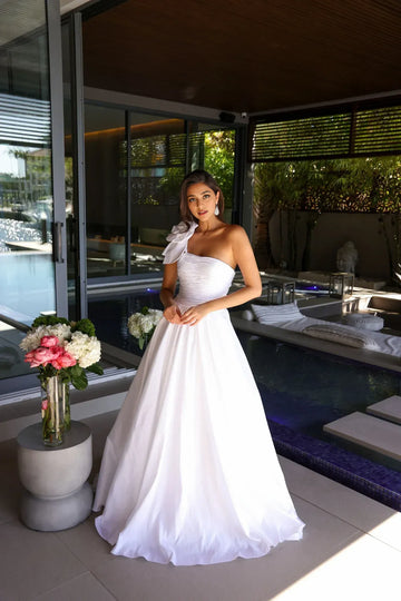 Elegant A Line One Shoulder Sleeveless Taffeta Maxi Evening Gown Ruched Floral Prom Dress