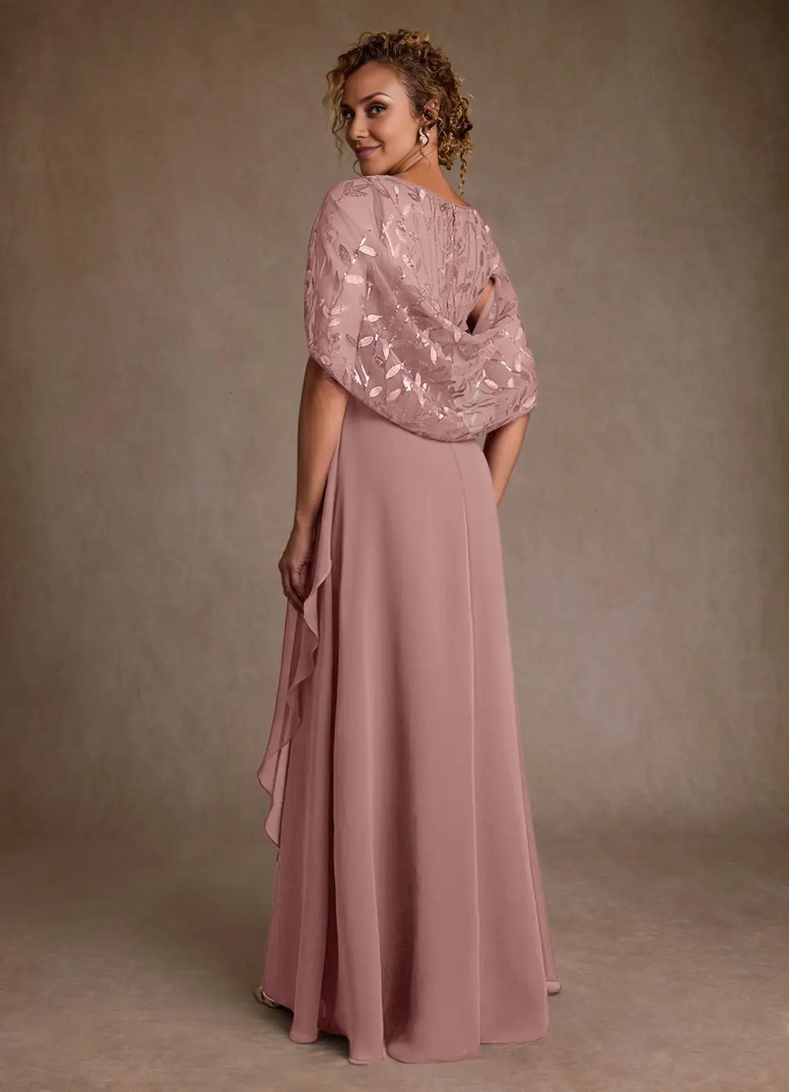 Elegant A Line Round Neck Chiffon&Tulle Floor Length Cape Sleeve Maxi Dress