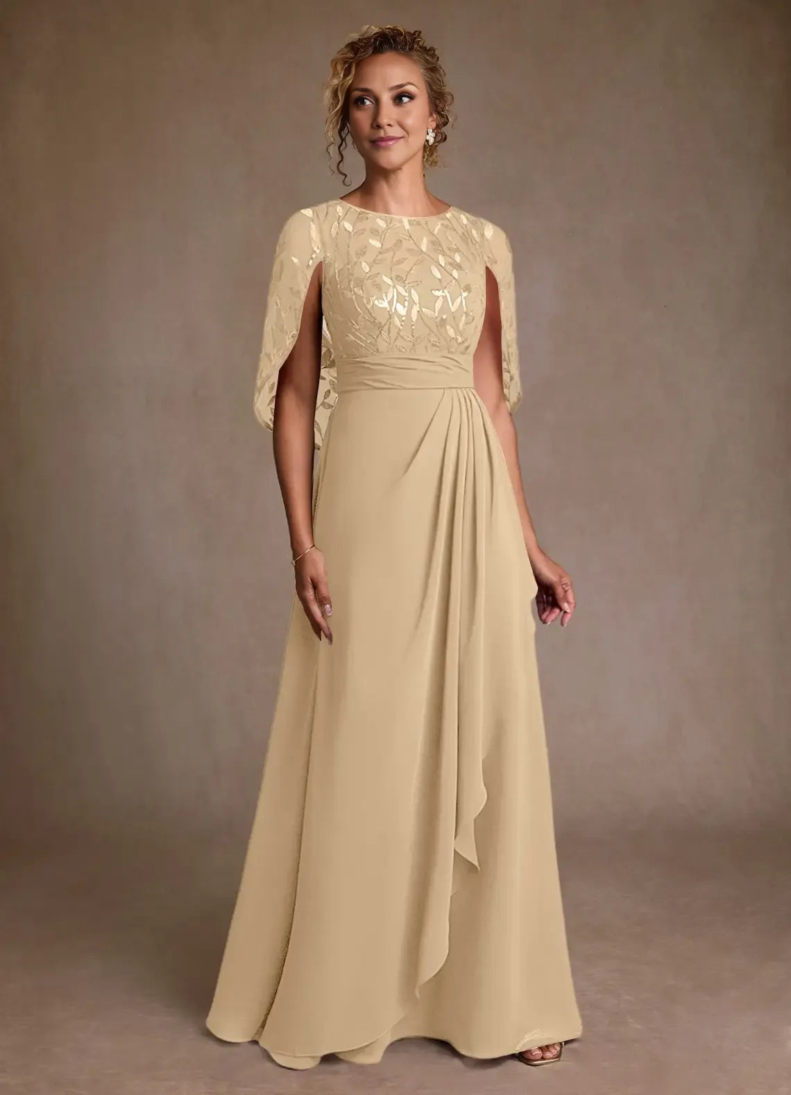 Elegant A Line Round Neck Chiffon&Tulle Floor Length Cape Sleeve Maxi Dress