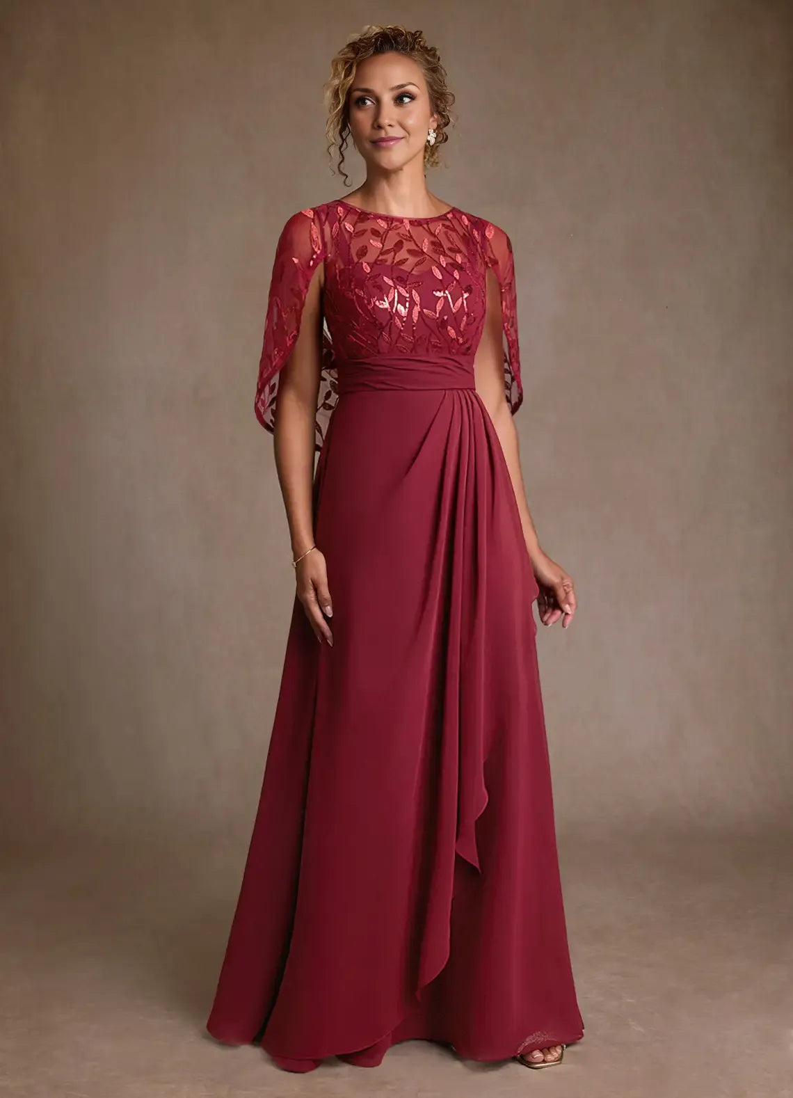 Elegant A Line Round Neck Chiffon&Tulle Floor Length Cape Sleeve Maxi Dress