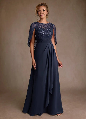 Elegant A Line Round Neck Chiffon&Tulle Floor Length Cape Sleeve Maxi Dress