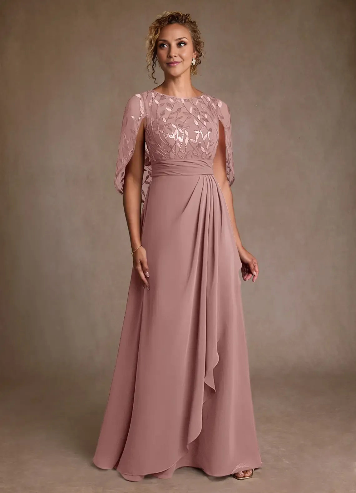 Elegant A Line Round Neck Chiffon&Tulle Floor Length Cape Sleeve Maxi Dress
