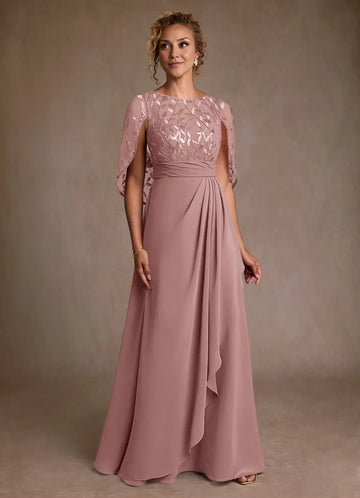 Elegant A Line Round Neck Chiffon&Tulle Floor Length Cape Sleeve Maxi Dress