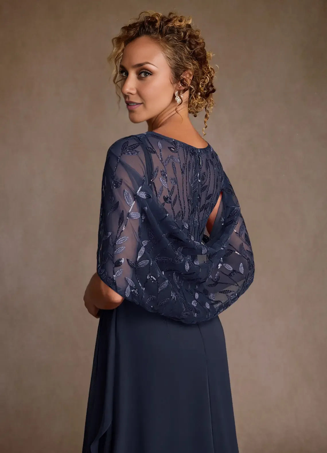 Elegant A Line Round Neck Chiffon&Tulle Floor Length Cape Sleeve Maxi Dress