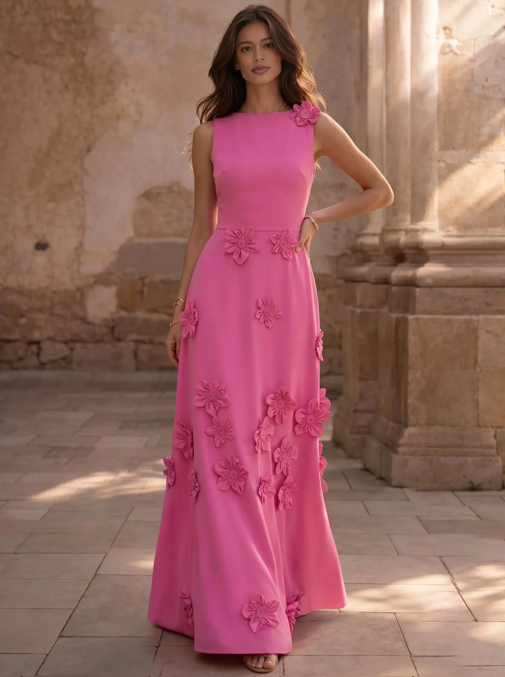 Elegante Vestido Largo de Noche Formal con Cuello Redondo, Línea A, Crepé y Flores 3D
