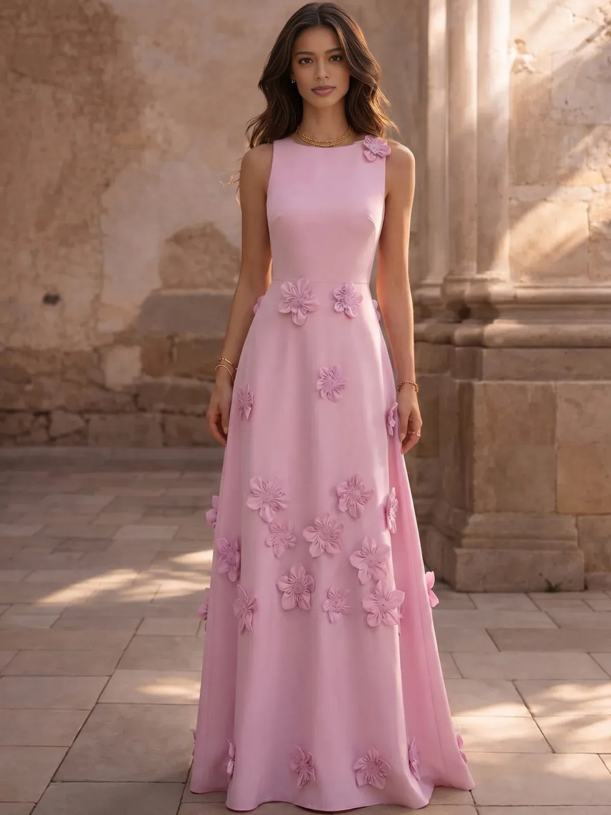 Elegante Vestido Largo de Noche Formal con Cuello Redondo, Línea A, Crepé y Flores 3D