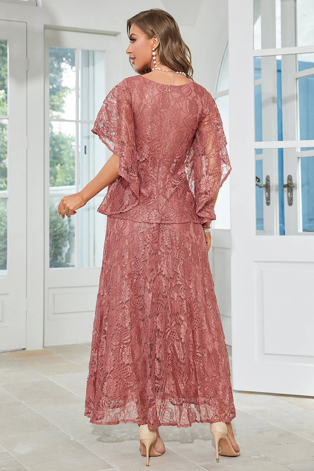 Elegant A Line Round Neck Lace Floor Length Flutter Sleeve Maxi Dress