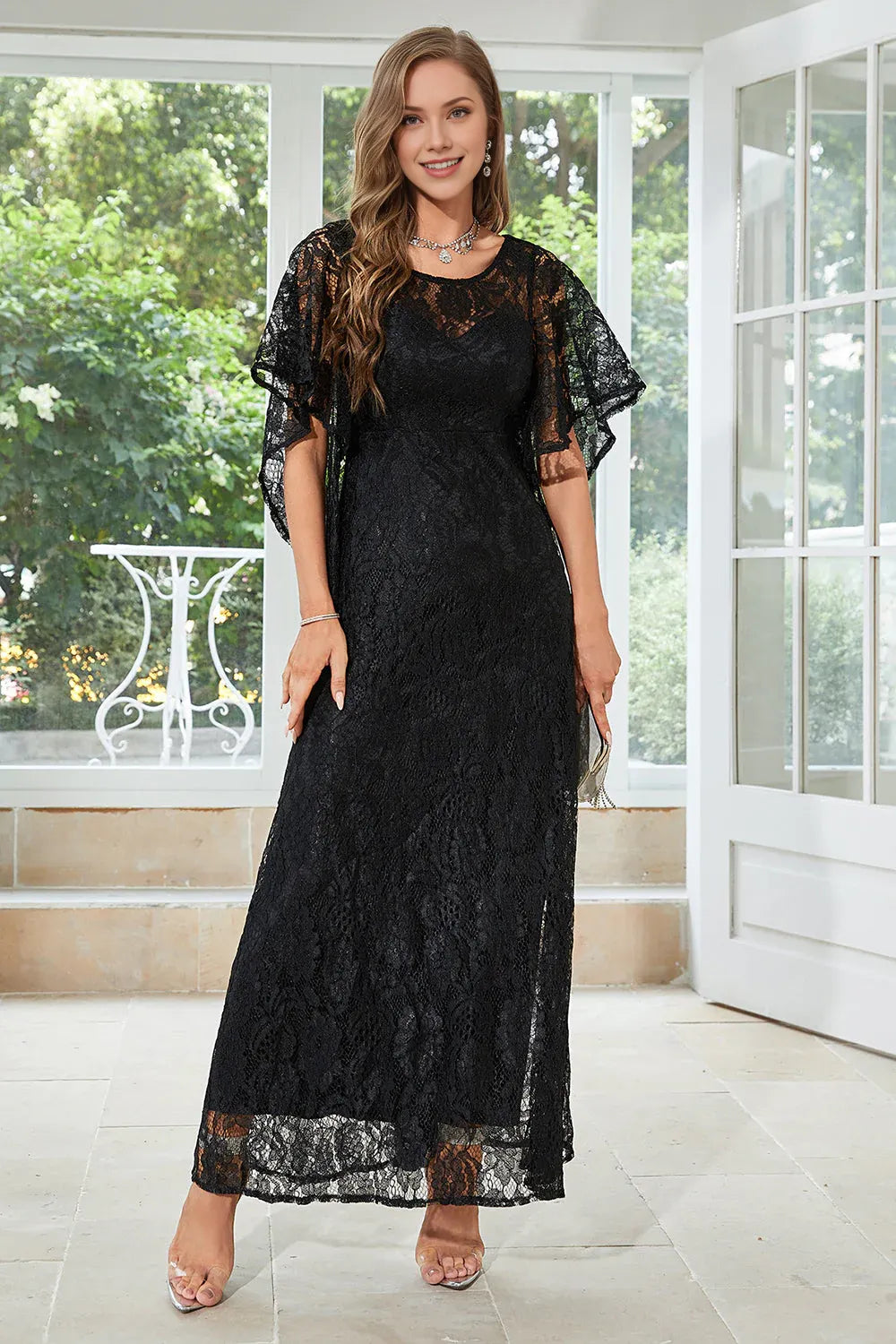 Elegant A Line Round Neck Lace Floor Length Flutter Sleeve Maxi Dress