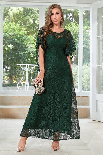 Elegant A Line Round Neck Lace Floor Length Flutter Sleeve Maxi Dress