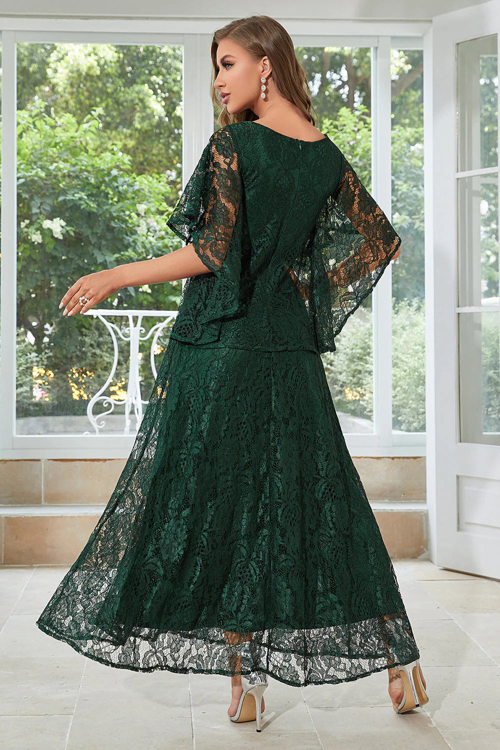 Elegant A Line Round Neck Lace Floor Length Flutter Sleeve Maxi Dress