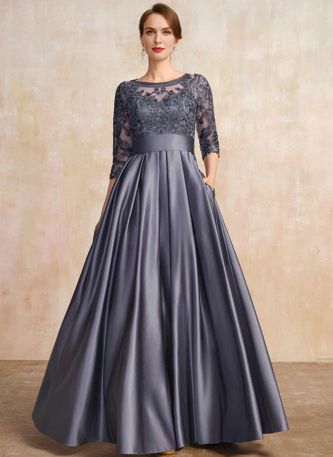 Vedress Dusty‑Blue Scoop Neck 3/4 Sleeve Lace Satin Mother Dress Front View