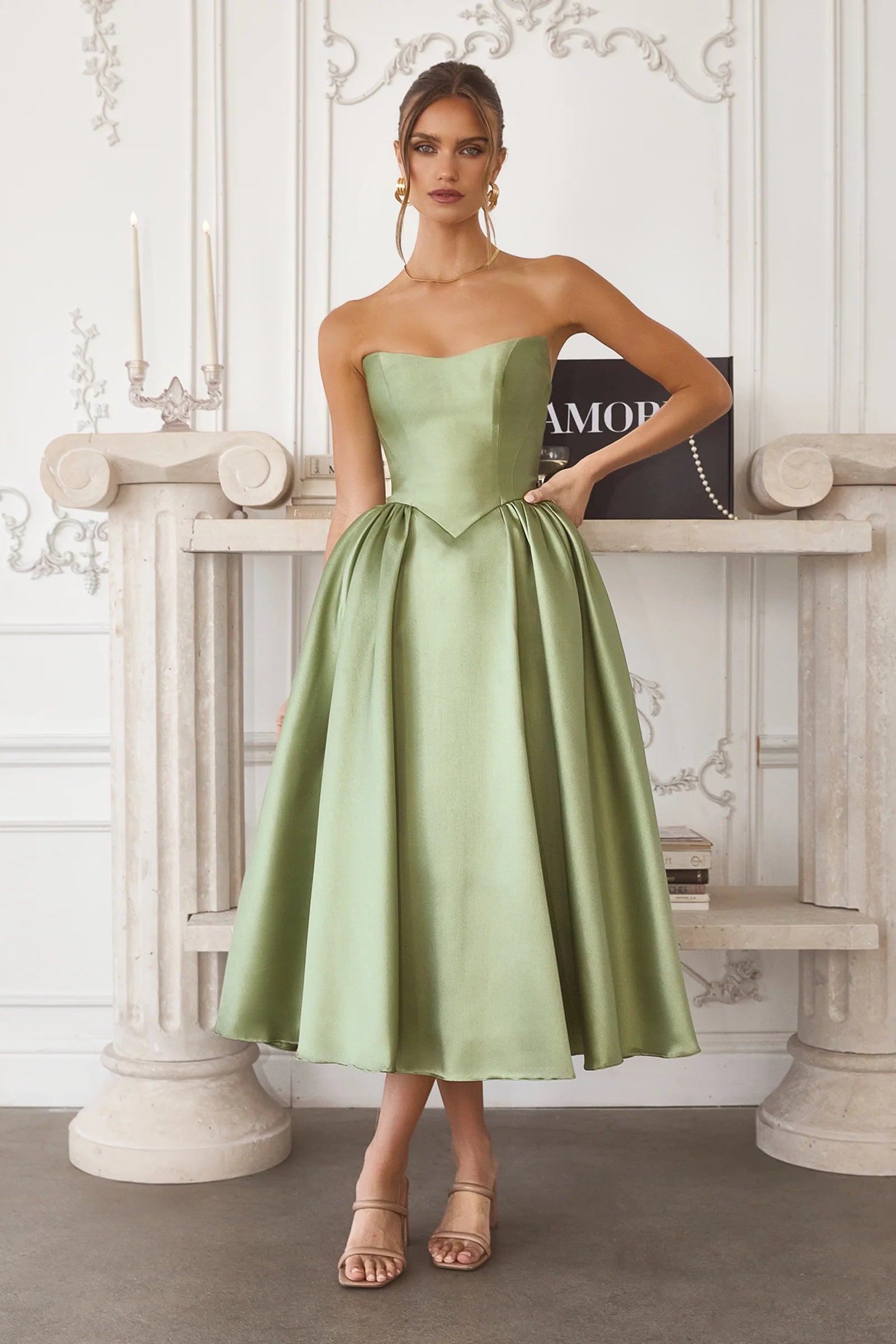 Elegant A Line Sleeveless Strapless Satin Tea-Length Corset Cocktail Dress
