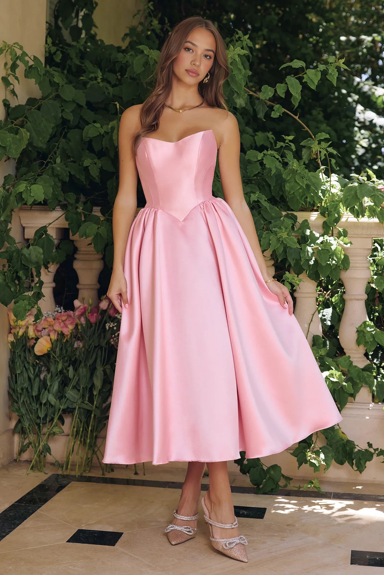 Elegant A Line Sleeveless Strapless Satin Tea-Length Corset Cocktail Dress