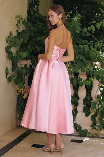 Elegant A Line Sleeveless Strapless Satin Tea-Length Corset Cocktail Dress