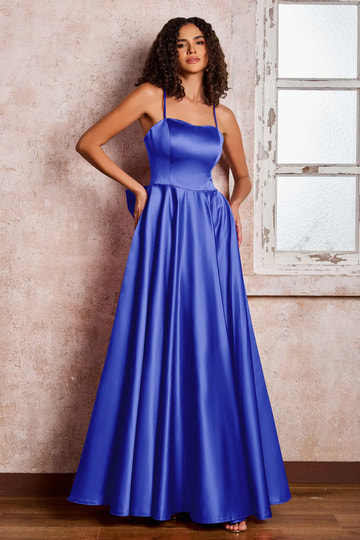 Elegant A-Line Spaghetti Strap Satin Evening Dress Floor-Length Bow Back Prom Dress