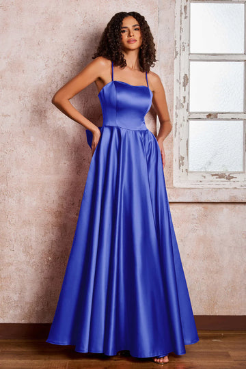 Elegante Vestido de Noche de Satén con Tirantes Finos y Corte en A, Largo hasta el Suelo, con Lazo en la Espalda para Fiesta de Graduación