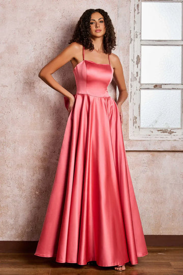 Elegant A-Line Spaghetti Strap Satin Evening Dress Floor-Length Bow Back Prom Dress
