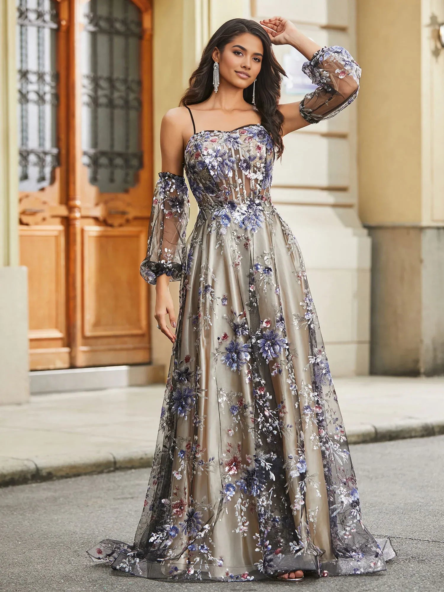 Elegant A-Line Square Neck Detachable Sleeve Tulle Floral Corset Formal Evening Dress