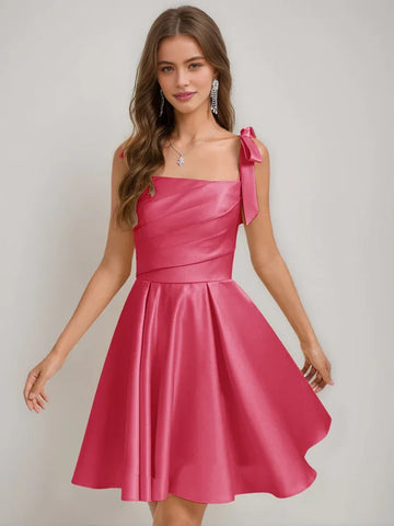 Elegant A-Line Square Neck Sleeveless Satin Short Lace-Up Homecoming Dress
