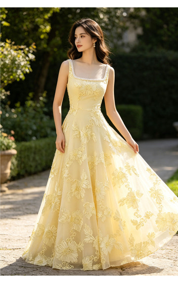 Elegante Vestido de Fiesta Largo de Tul con Cuello Cuadrado, Línea A y Apliques Florales de Cuentas