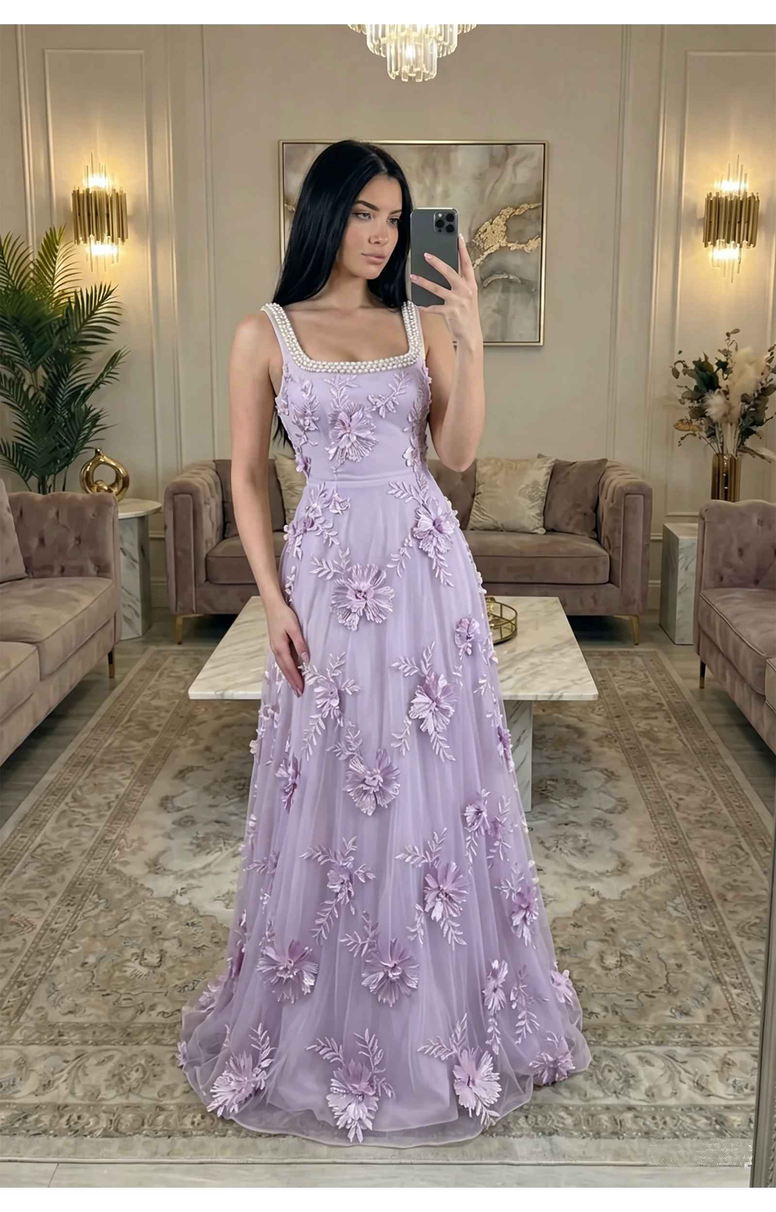 Elegante Vestido de Fiesta Largo de Tul con Cuello Cuadrado, Línea A y Apliques Florales de Cuentas