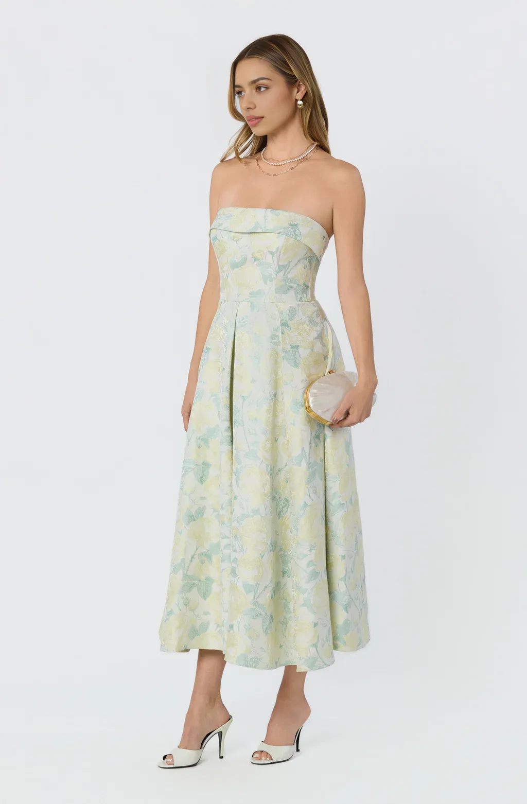 Elegant A Line Strapless Satin Midi Floral Formal Dress