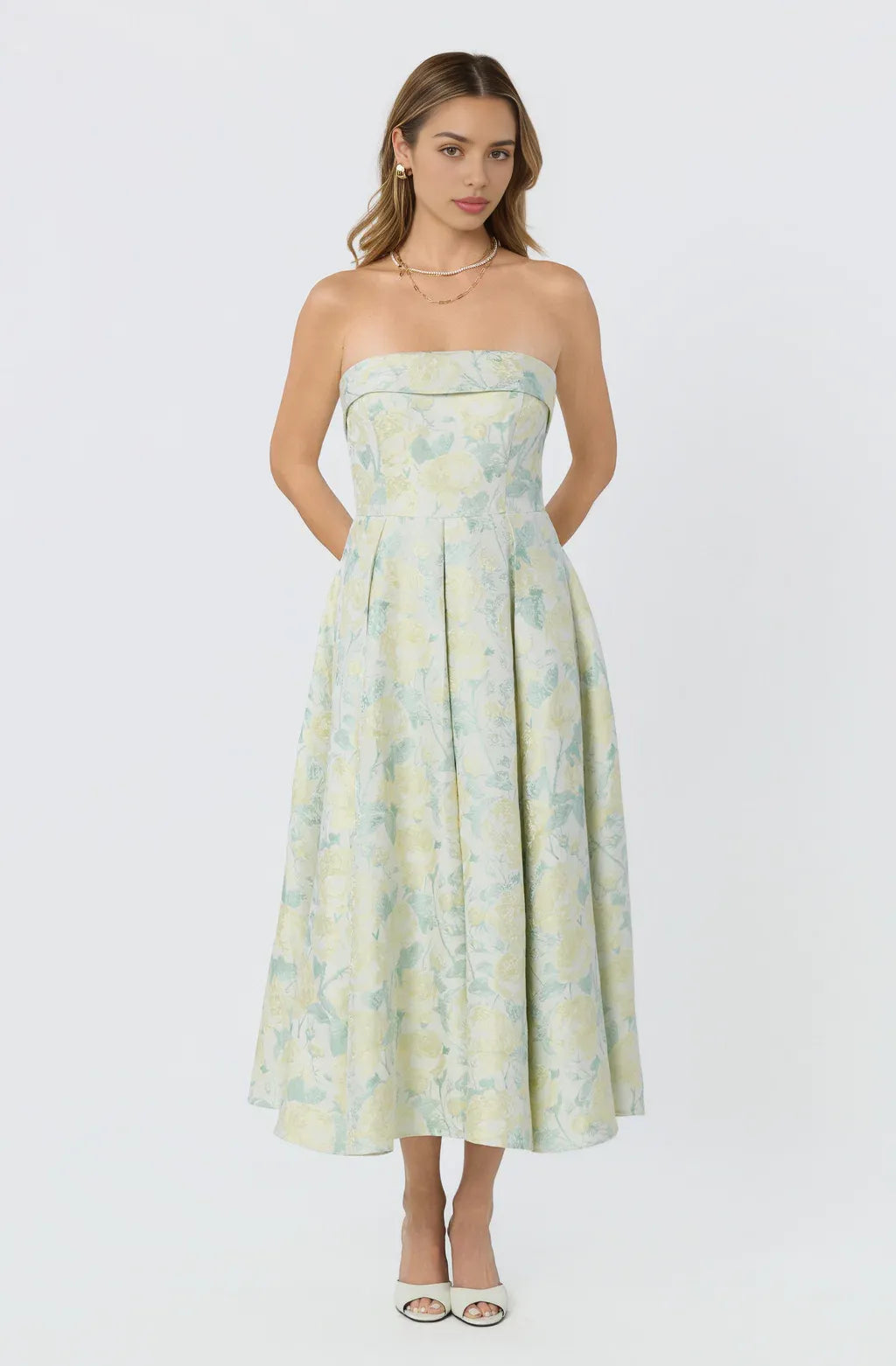 Elegant A Line Strapless Satin Midi Floral Formal Dress