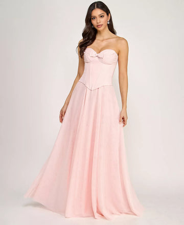 Elegant A Line Strapless Satin Tulle Long Prom Dress Bow Corset Evening Dress