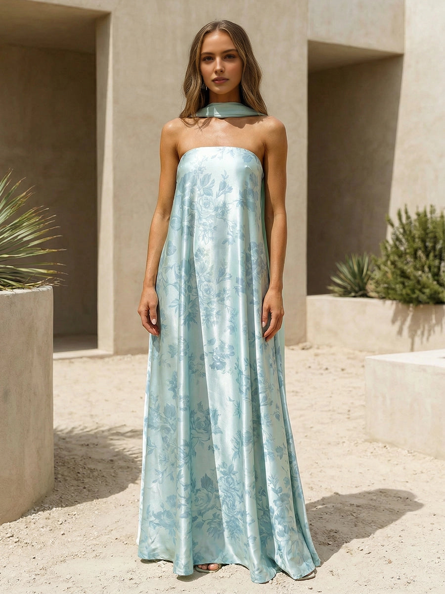Vedress light‑blue floral satin bridesmaid gown,strapless tube top and detachable floating neck scarf