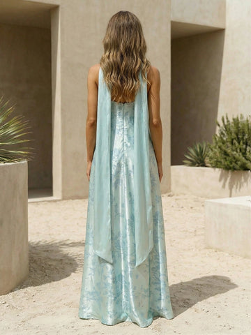 Back view sky‑blue printed satin bridesmaid maxi dress,long hanging scarf straps and concealed centre‑back zipper