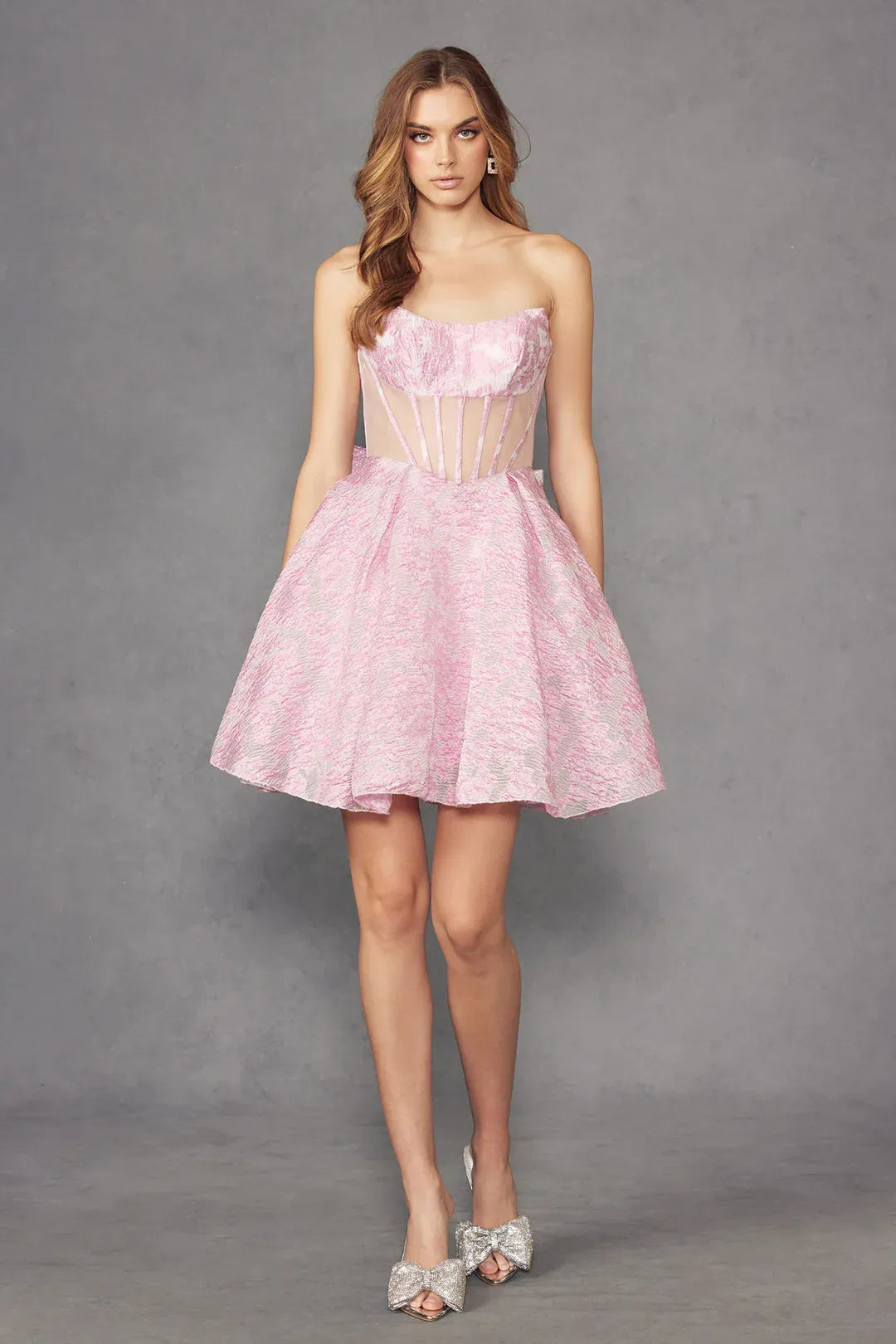 Elegant A-Line Strapless Sleeveless Jacquard Short Bow Homecoming Dress