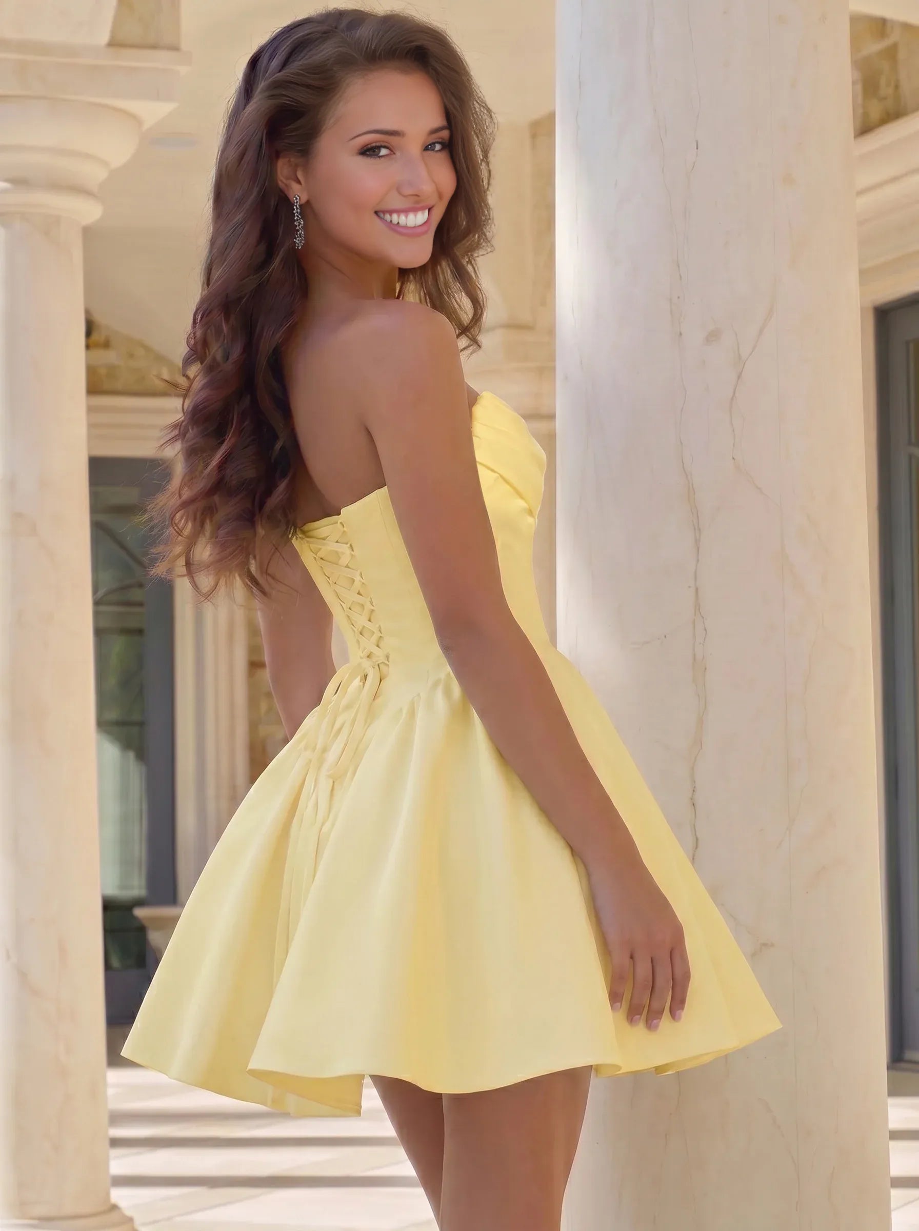 Elegant A-Line Strapless Sleeveless Satin Homecoming Dress Lace-Up Back Mini Cocktail Dress