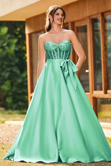 Elegant A-Line Strapless Sleeveless Satin Long Corset Prom Dress