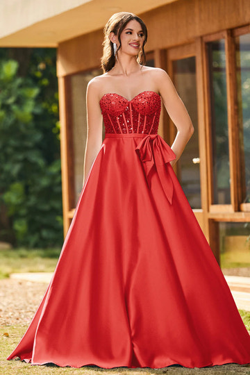 Elegant A-Line Strapless Sleeveless Satin Long Corset Prom Dress
