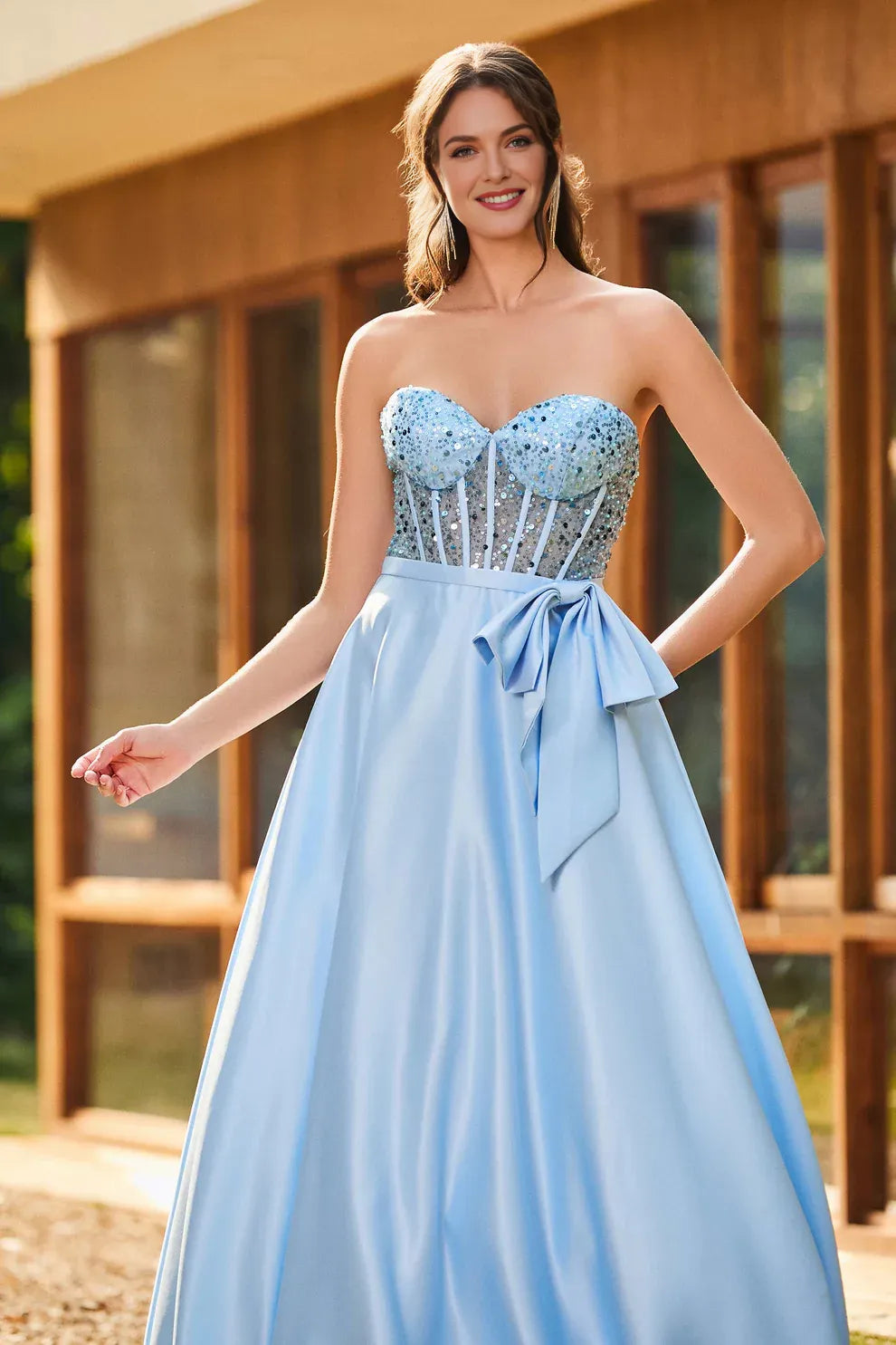 Elegant A-Line Strapless Sleeveless Satin Long Corset Prom Dress
