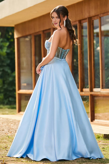 Elegant A-Line Strapless Sleeveless Satin Long Corset Prom Dress
