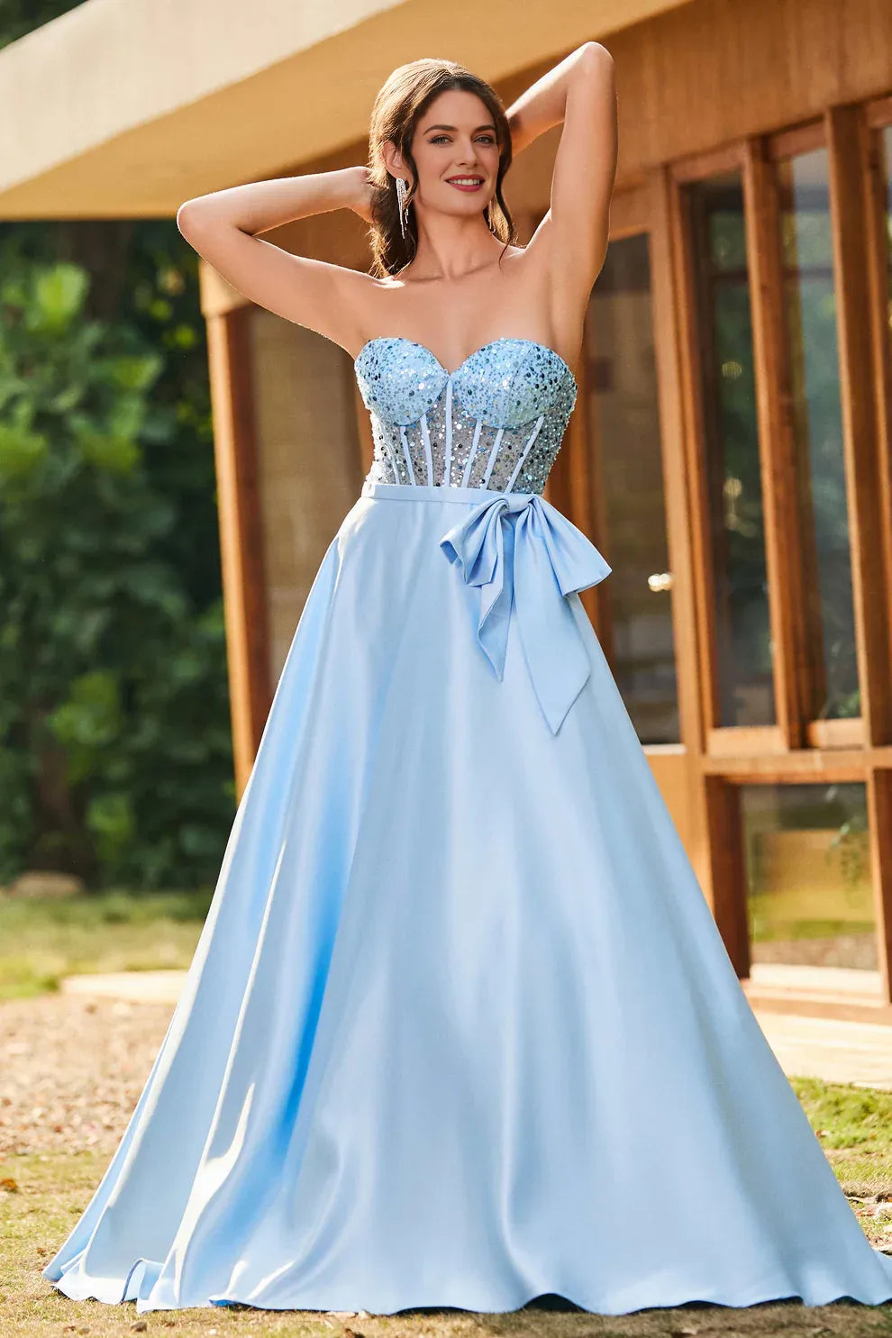Elegant A-Line Strapless Sleeveless Satin Long Corset Prom Dress