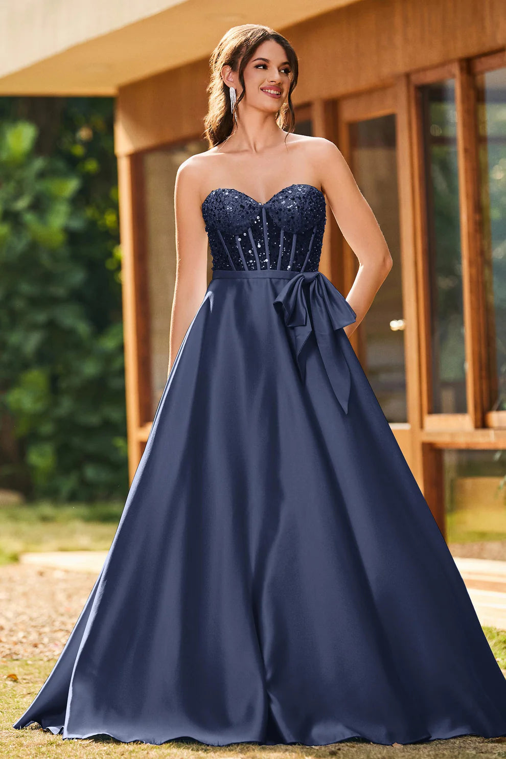 Elegant A-Line Strapless Sleeveless Satin Long Corset Prom Dress