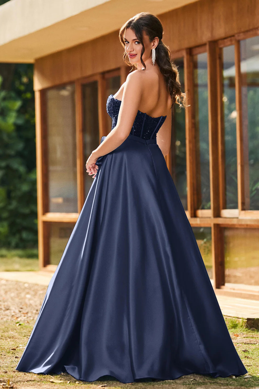 Elegant A-Line Strapless Sleeveless Satin Long Corset Prom Dress
