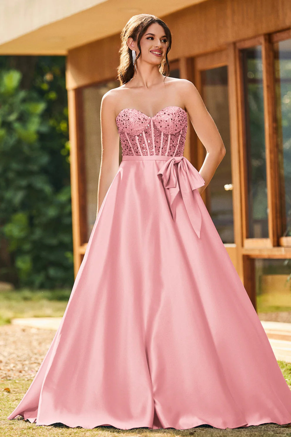 Elegant A-Line Strapless Sleeveless Satin Long Corset Prom Dress