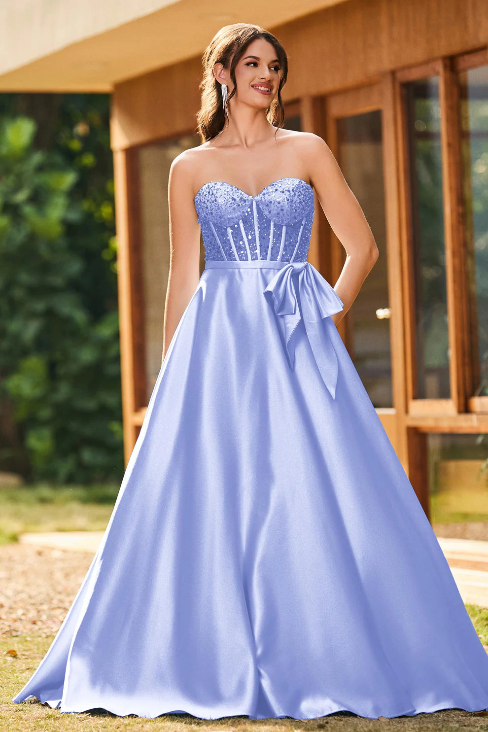 Elegant A-Line Strapless Sleeveless Satin Long Corset Prom Dress