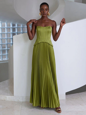 Vedress olive green satin corset two‑piece pleated floor‑length prom dress