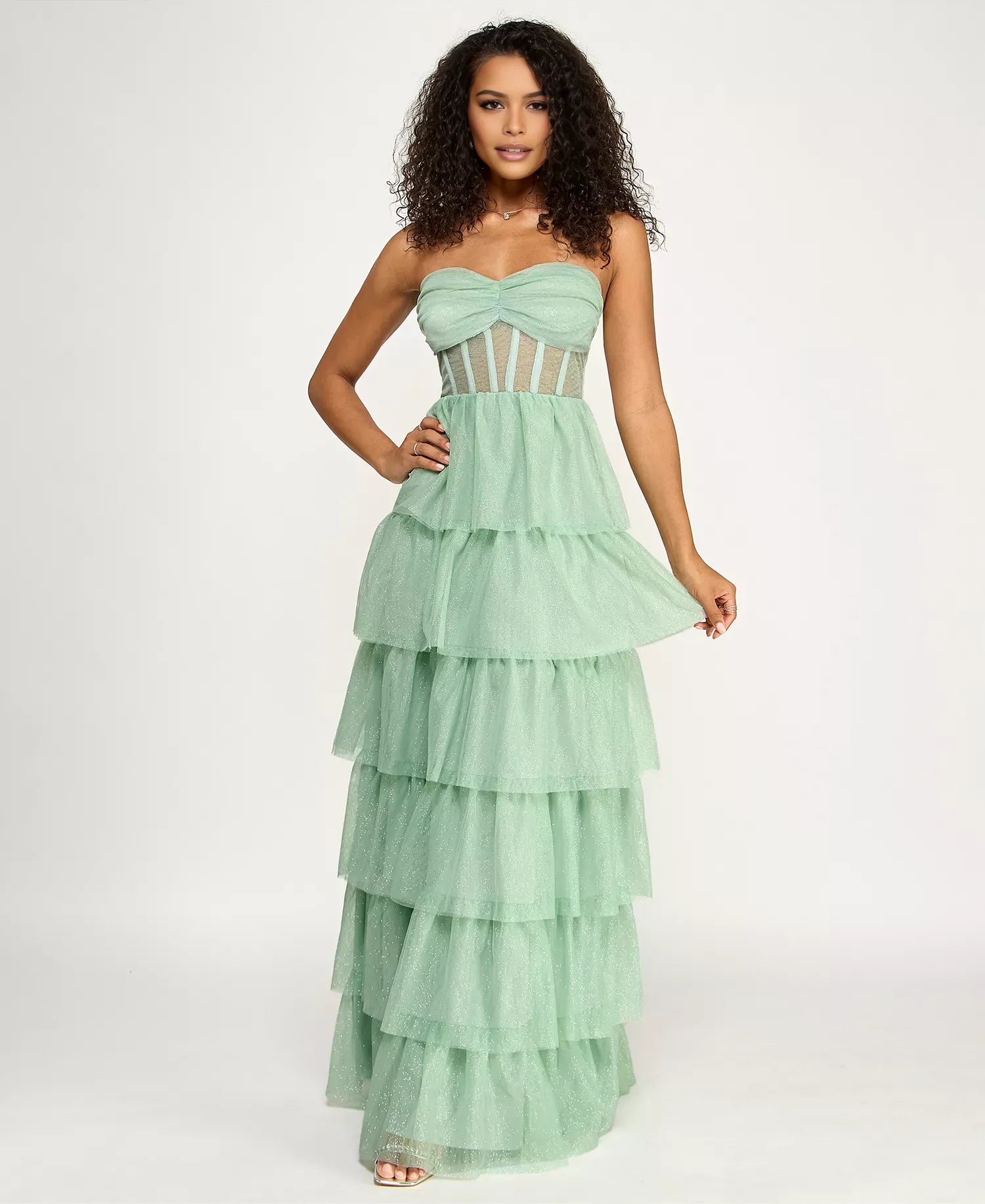 Elegante vestido de fiesta largo hasta el suelo, con corsé escalonado, de tul, sin tirantes y corte en A